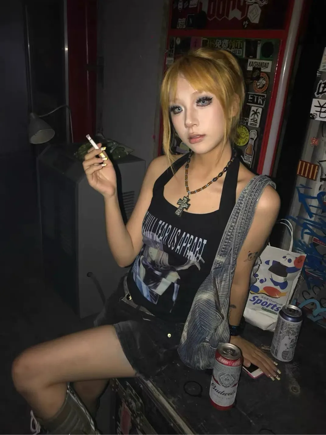 WEBBAR | Y2K Punk Emo Halter Tank Top with Anime Graphic Print