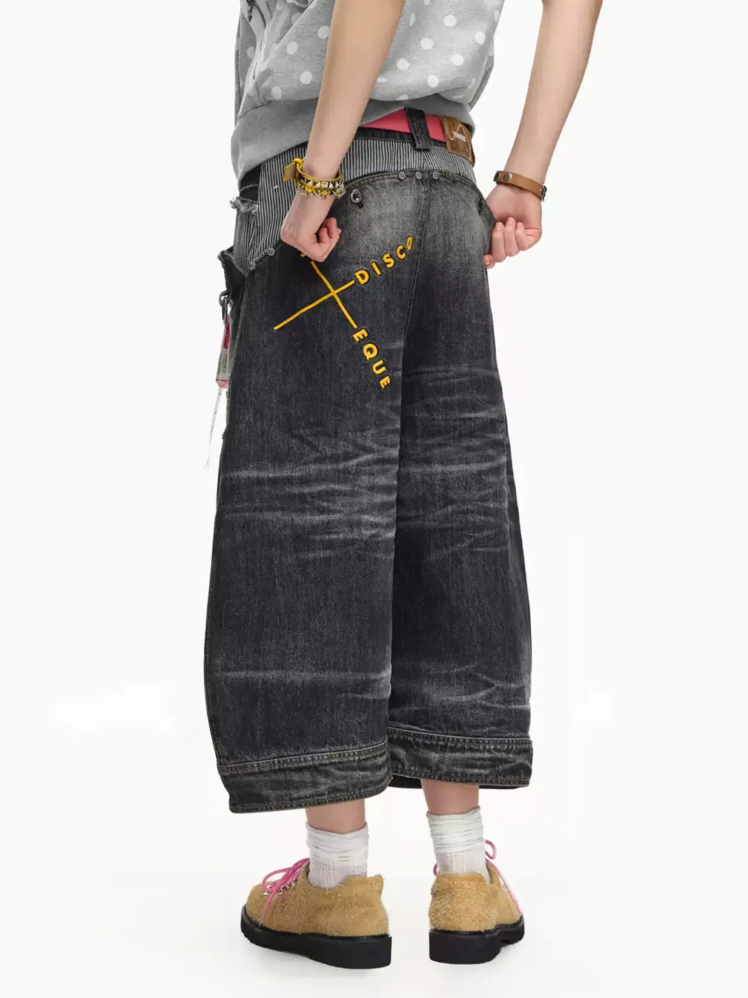 EMOBROTHER | Distressed Studded Striped Denim Shorts