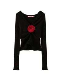 SweetChilling | Rose Detail Ruched V-Neck Cropped Sweater