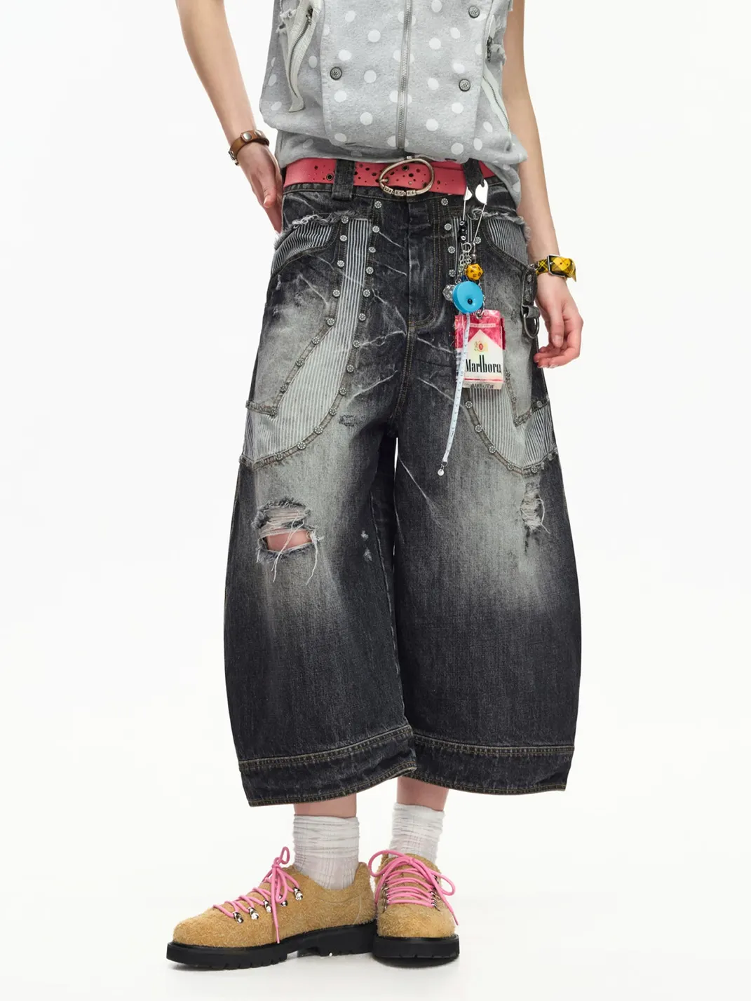 EMOBROTHER | Distressed Studded Striped Denim Shorts