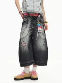 EMOBROTHER | Distressed Studded Striped Denim Shorts