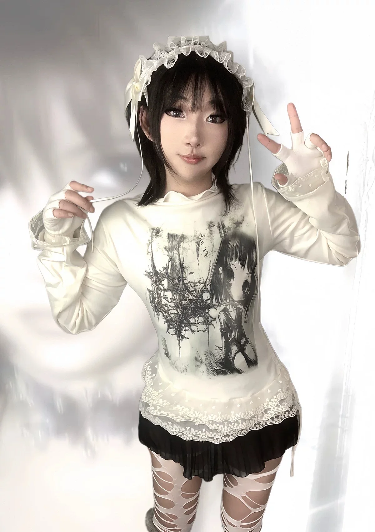 WEBBAR | Gothic Forest Graphic Lace Trim Long Sleeve Top