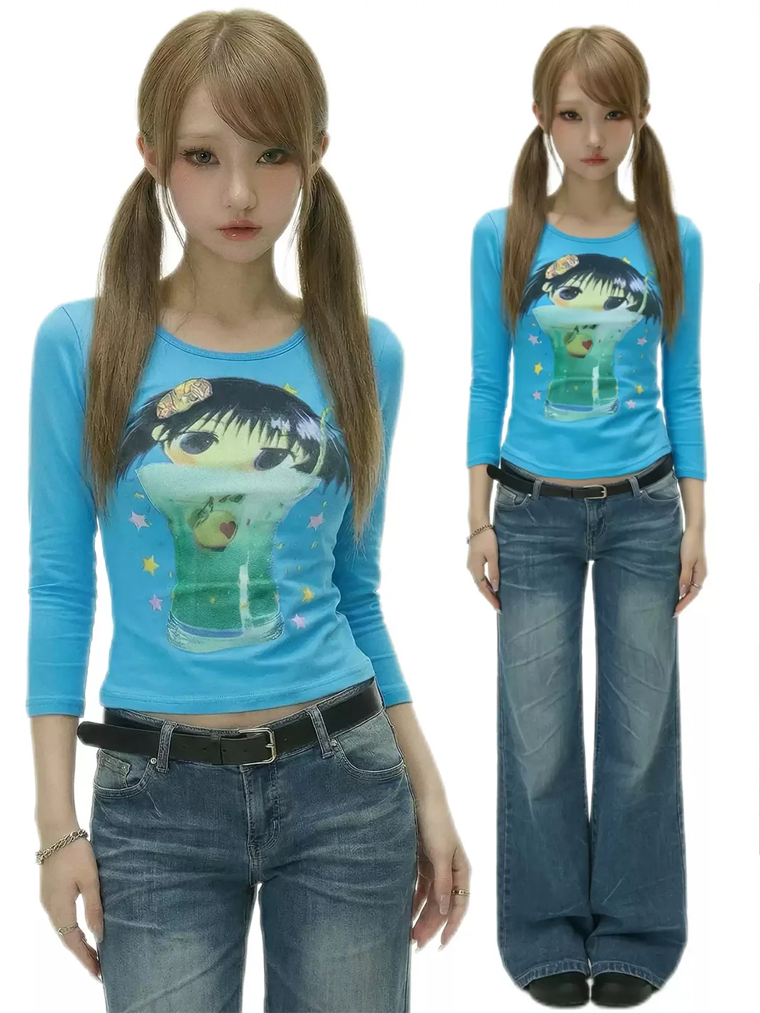 WEBBAR | Blue 3/4 Sleeve Cotton T-Shirt with Girl Print