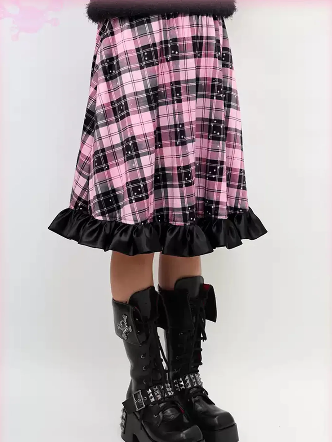 NIHONKIDS | Pink Black Plaid Star Flared Velvet Skirt