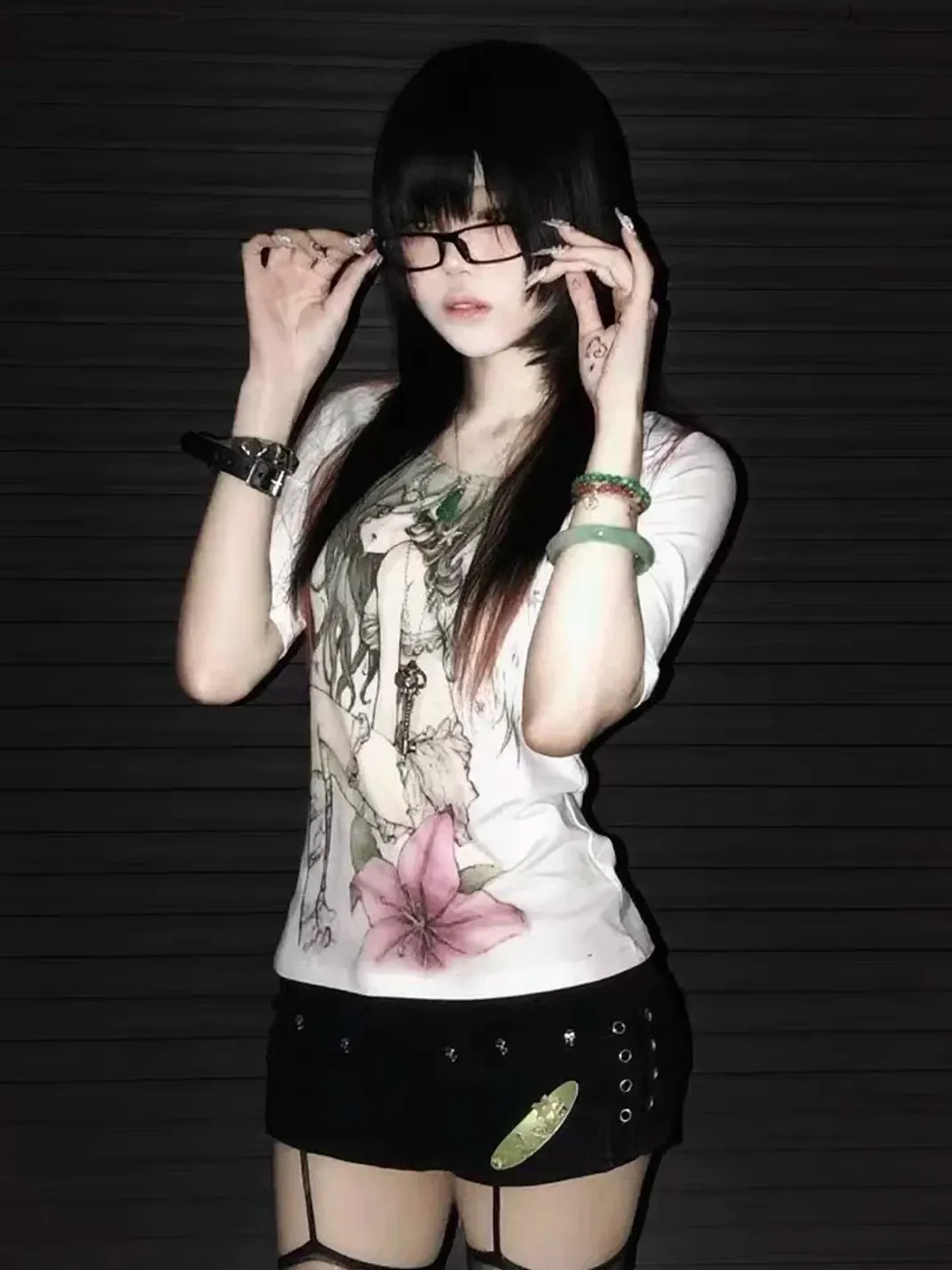 WEBBAR | Anime Angel Floral Print Fitted T-Shirt