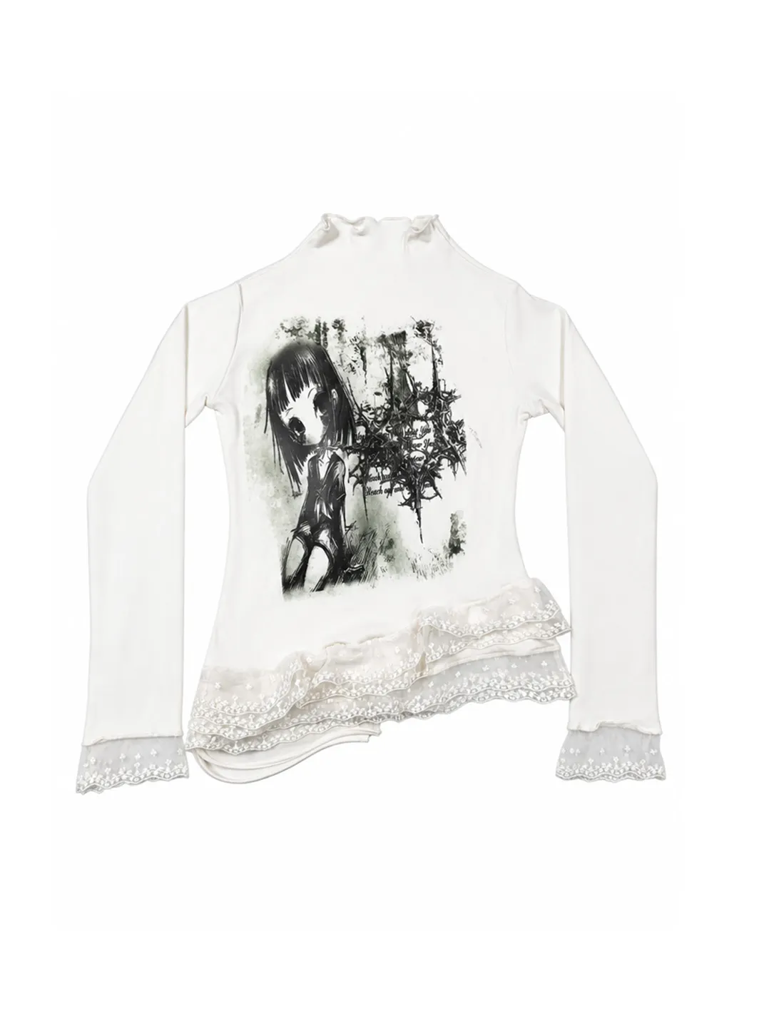 WEBBAR | Gothic Forest Graphic Lace Trim Long Sleeve Top