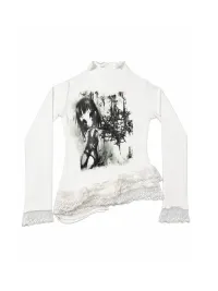 WEBBAR | Gothic Forest Graphic Lace Trim Long Sleeve Top