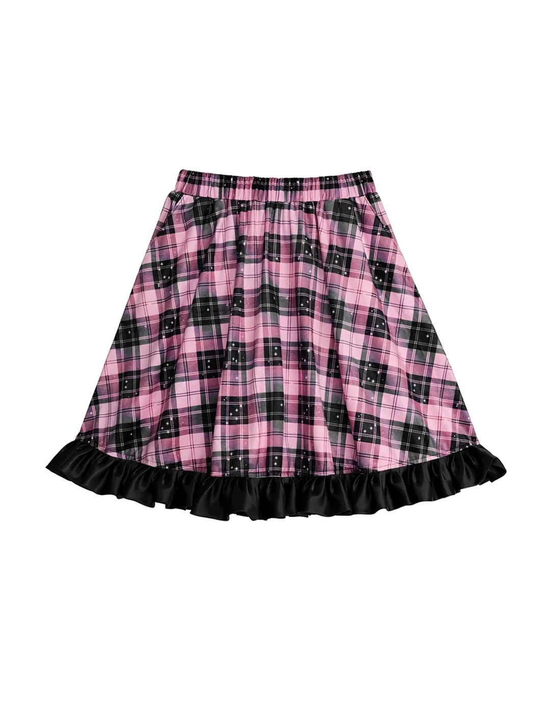 NIHONKIDS | Pink Black Plaid Star Flared Velvet Skirt