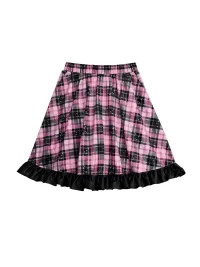 NIHONKIDS | Pink Black Plaid Star Flared Velvet Skirt