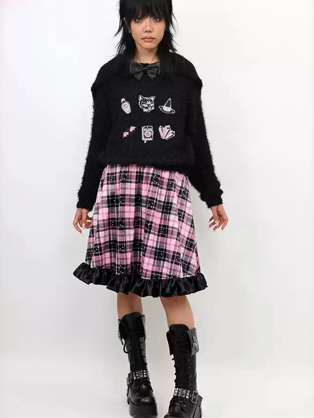 NIHONKIDS | Pink Black Plaid Star Flared Velvet Skirt