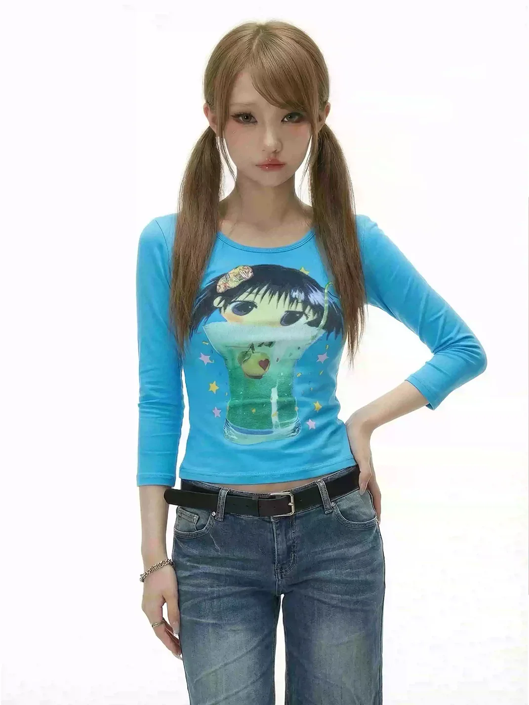 WEBBAR | Blue 3/4 Sleeve Cotton T-Shirt with Girl Print