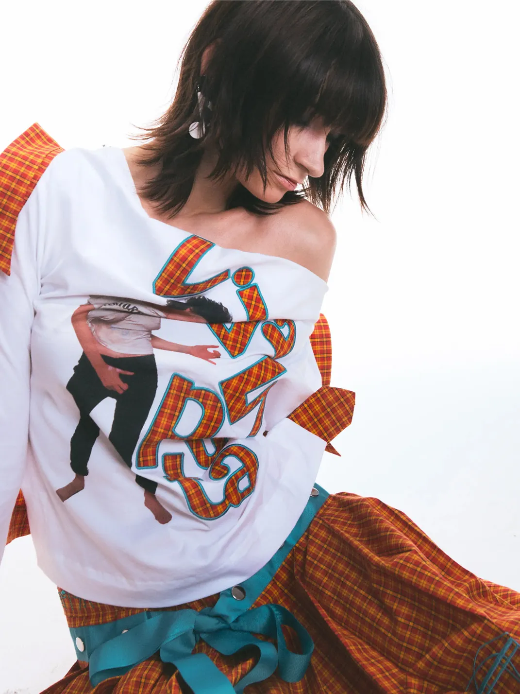 Fruitanari | Unisex Orange Plaid Patchwork Long Sleeve Shirt