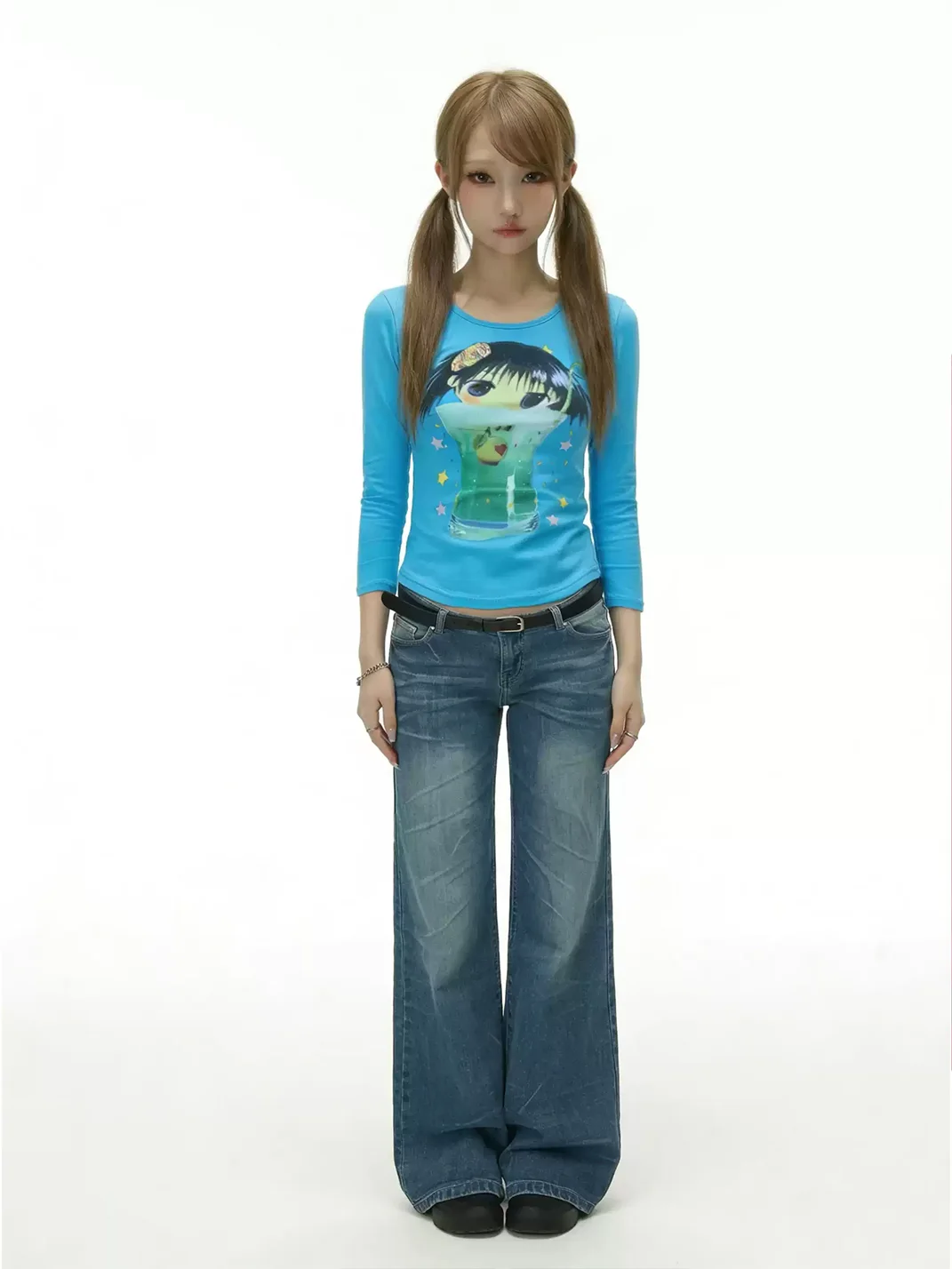 WEBBAR | Blue 3/4 Sleeve Cotton T-Shirt with Girl Print
