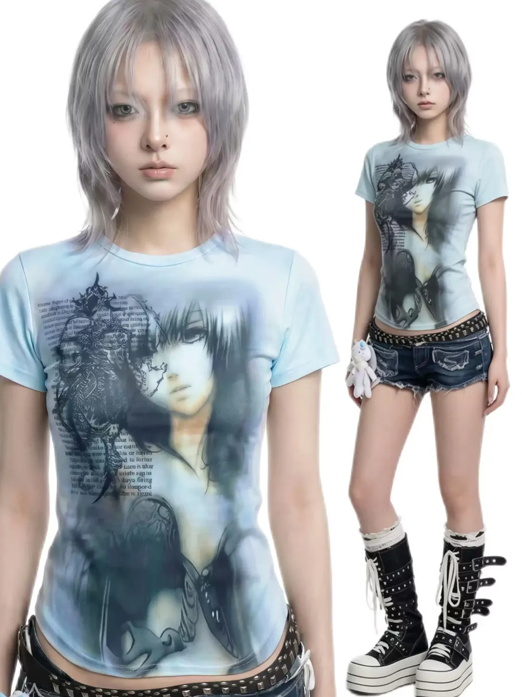 WEBBAR | Haze Blue Cyber Rune Subculture Short Sleeve T-Shirt