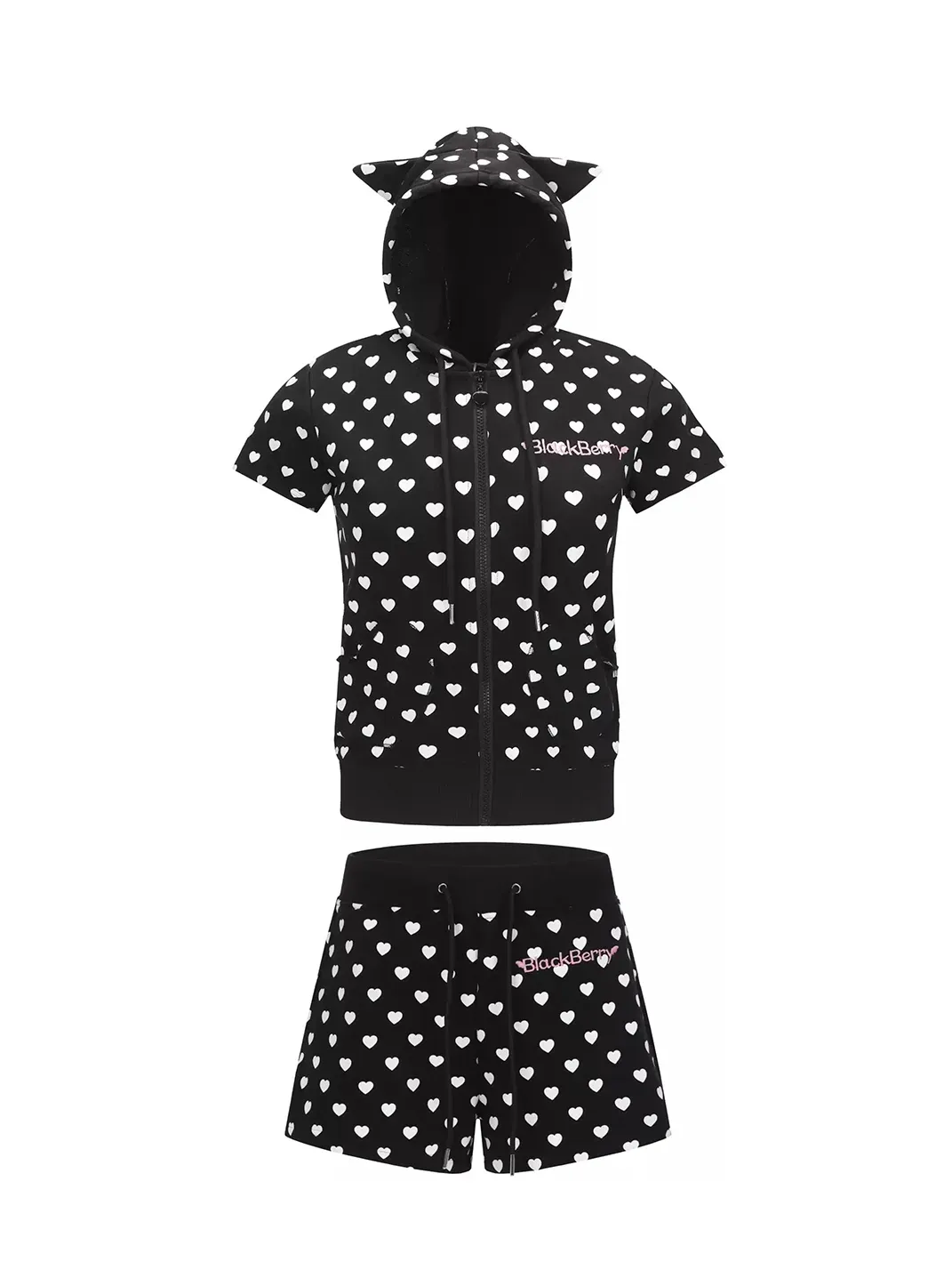 BlackBerry | Black Heart Print Cat-Ear Hooded Top and Shorts Set