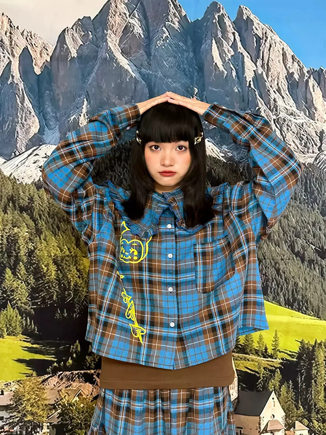 Bunnybunnygun | Vintage Blue Plaid Ruffle-Collar Cropped Shirt
