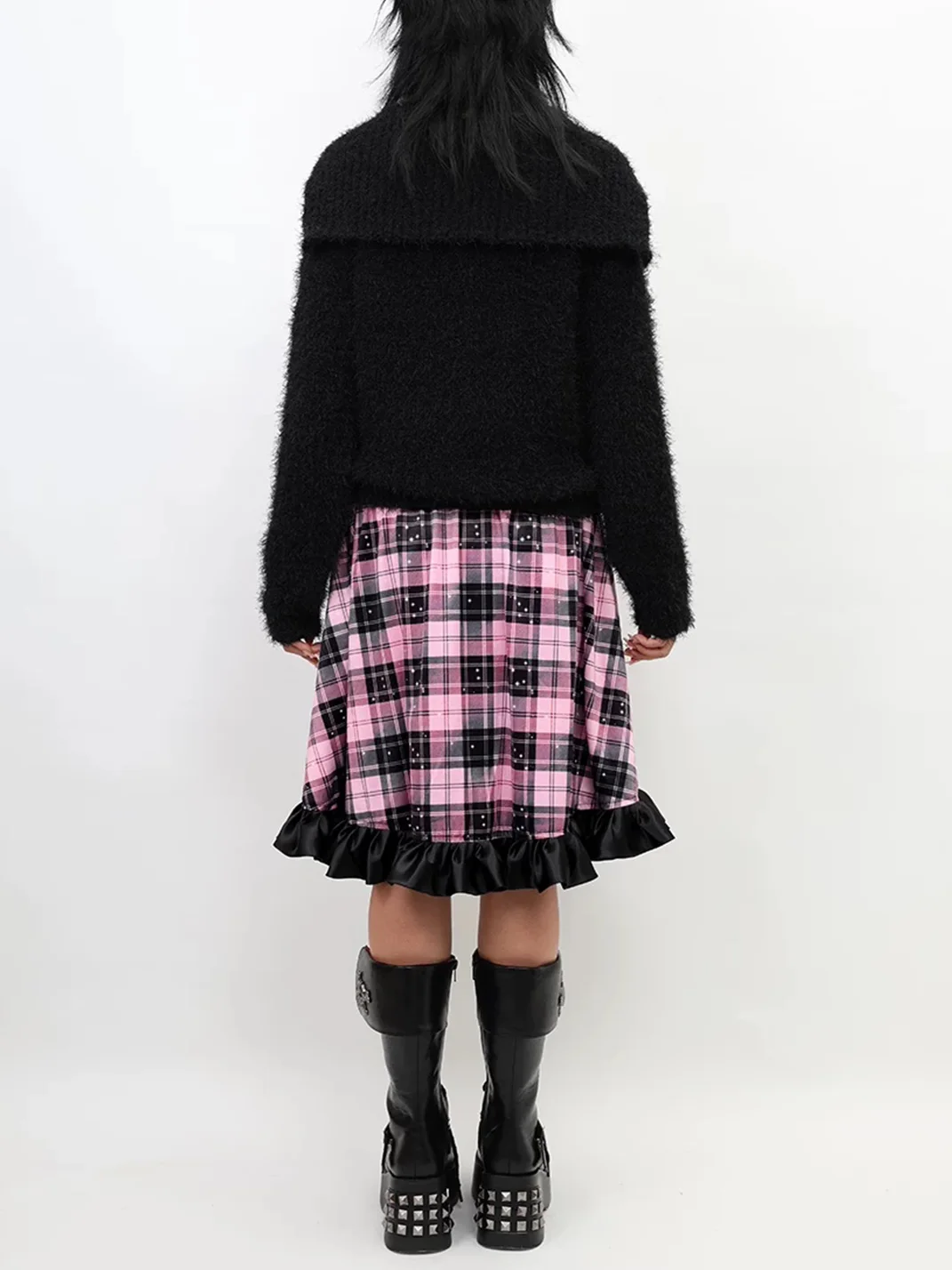 NIHONKIDS | Pink Black Plaid Star Flared Velvet Skirt