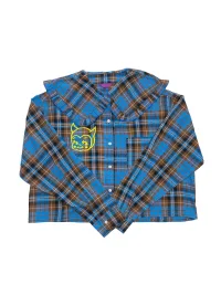 Bunnybunnygun | Vintage Blue Plaid Ruffle-Collar Cropped Shirt