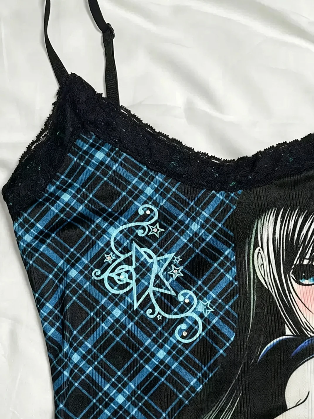 Oogreenapple | Blue Plaid Lace Adjustable Tank Top