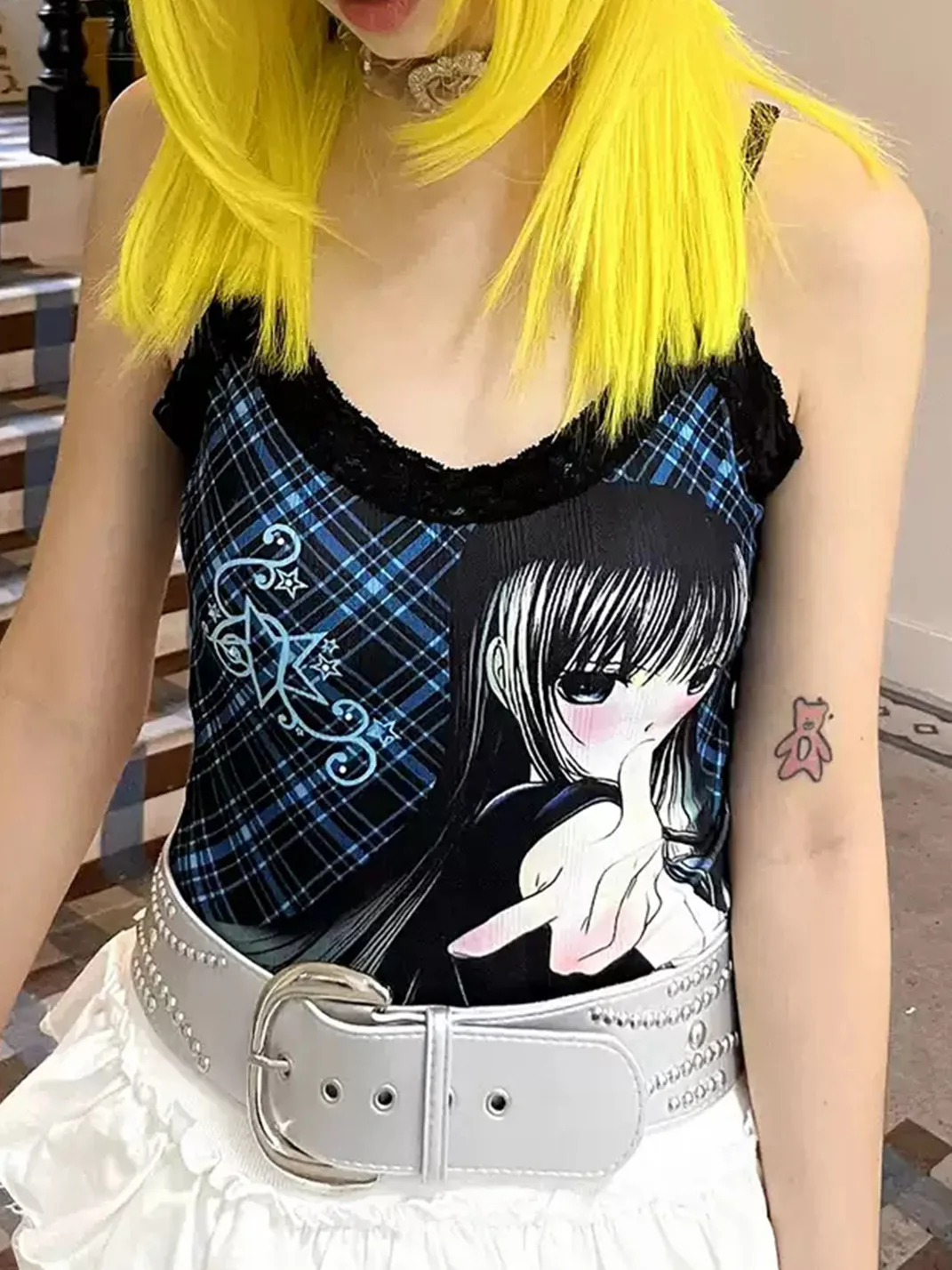 Oogreenapple | Blue Plaid Lace Adjustable Tank Top