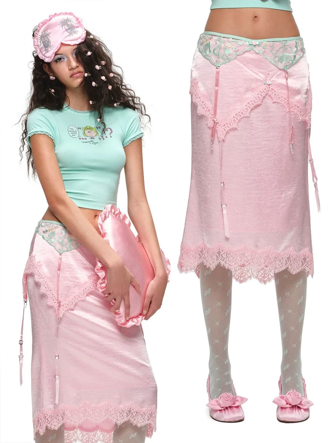 1JINN STUDIO | Fitted Lace Panel Satin Midi Skirt