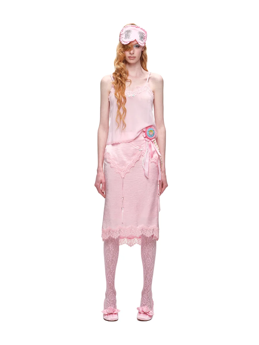 1JINN STUDIO | Fitted Lace Panel Satin Midi Skirt - 3