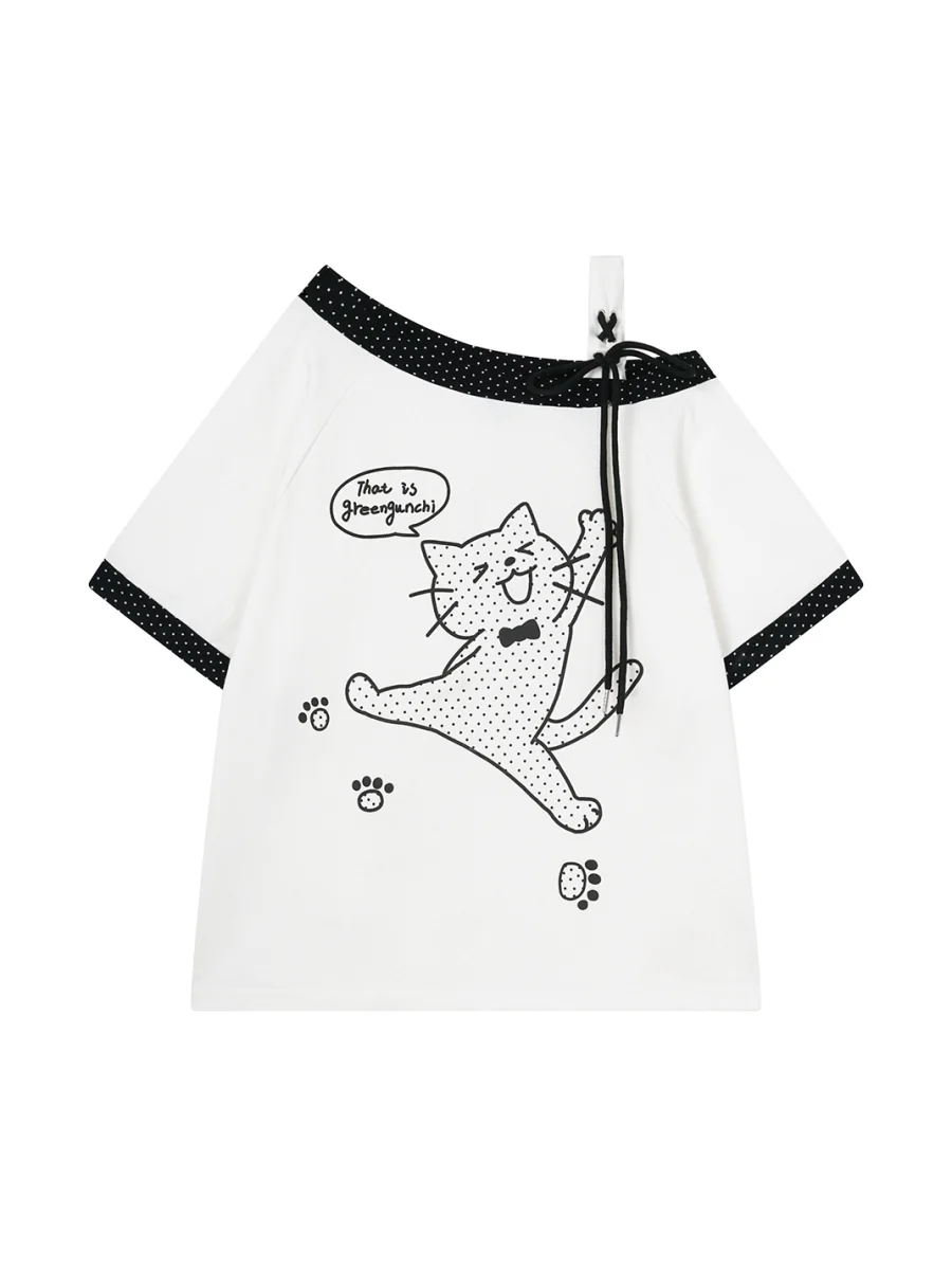 Languid Park | Y2K Cat Short Sleeve Off Shoulder Top - 4