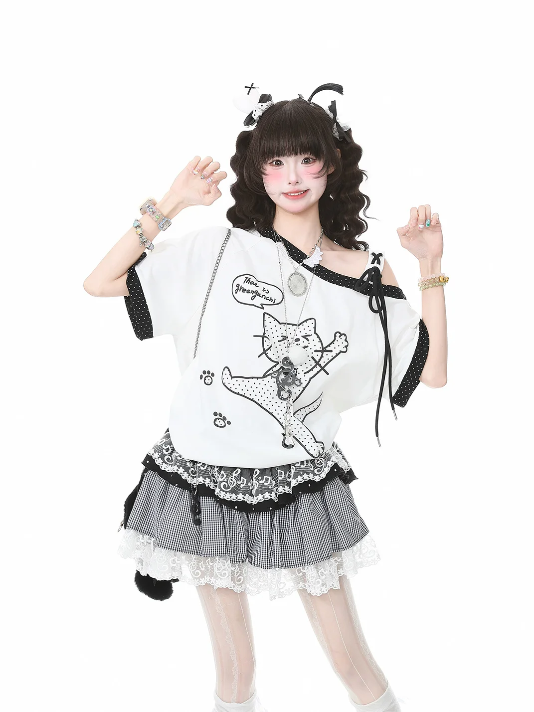 Languid Park | Y2K Cat Short Sleeve Off Shoulder Top