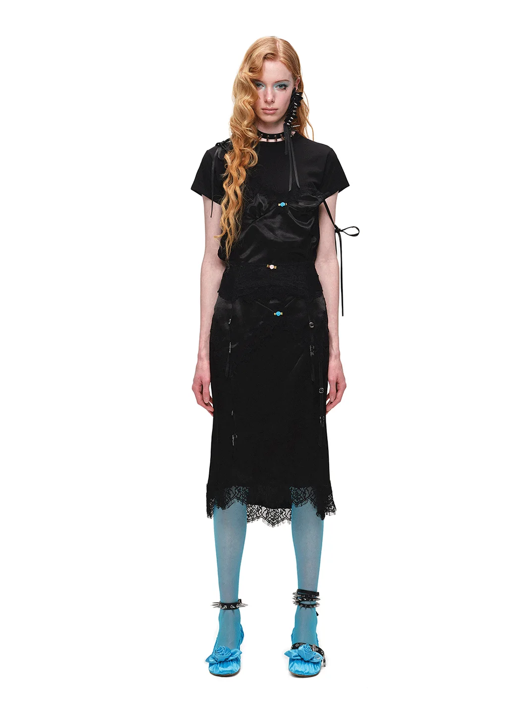 1JINN STUDIO | Fitted Lace Panel Satin Midi Skirt