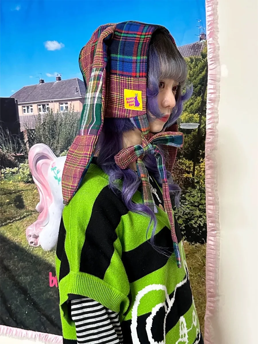 Bunnybunnygun | Plaid Bunny Ear Tie Hat - 2