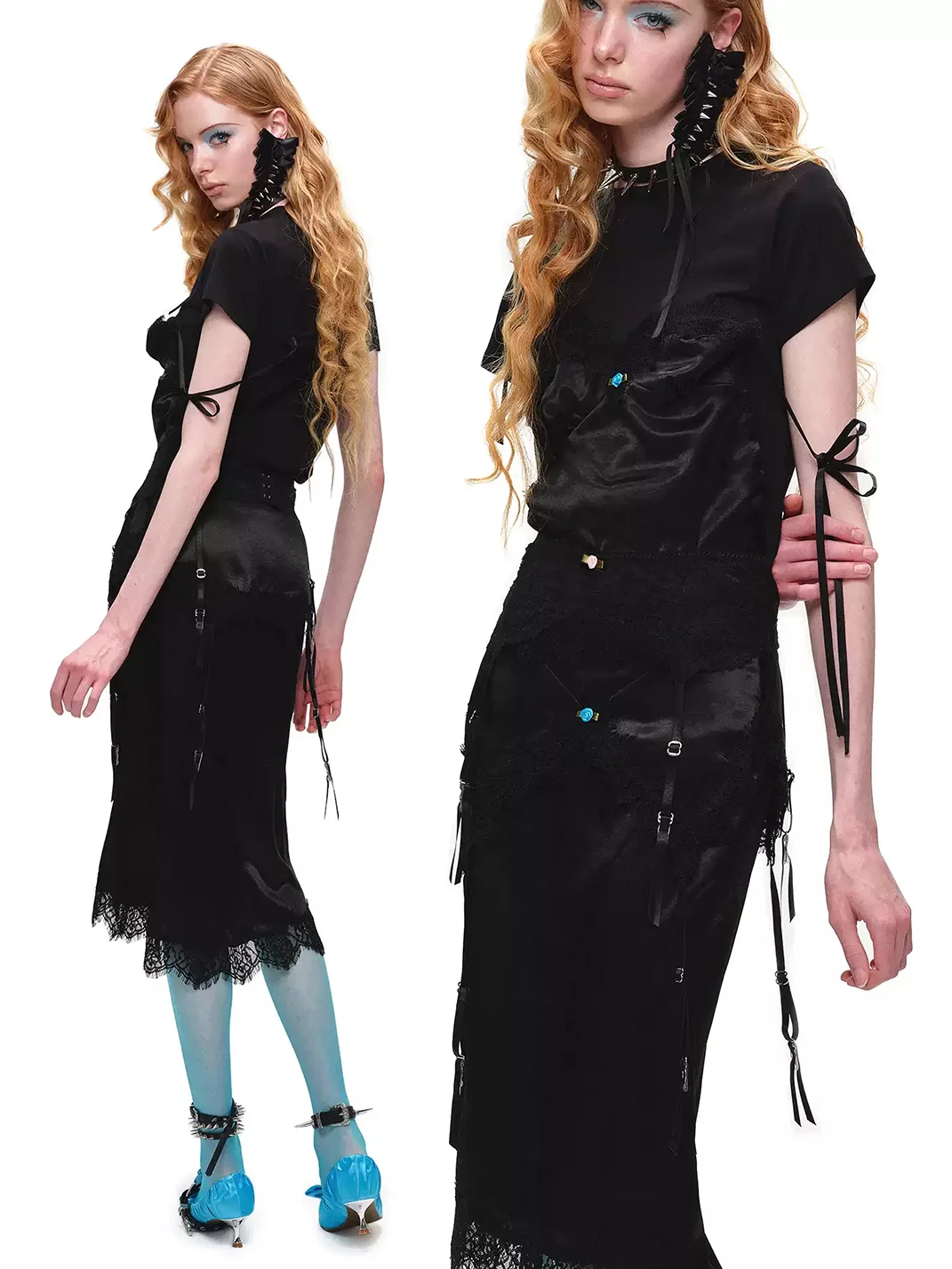 1JINN STUDIO | Fitted Lace Panel Satin Midi Skirt