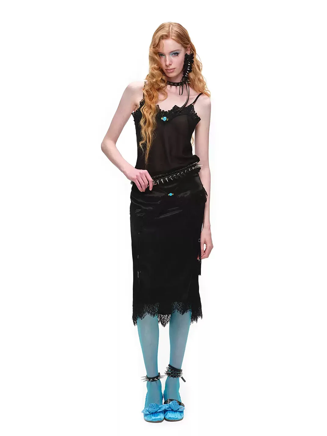1JINN STUDIO | Fitted Lace Panel Satin Midi Skirt
