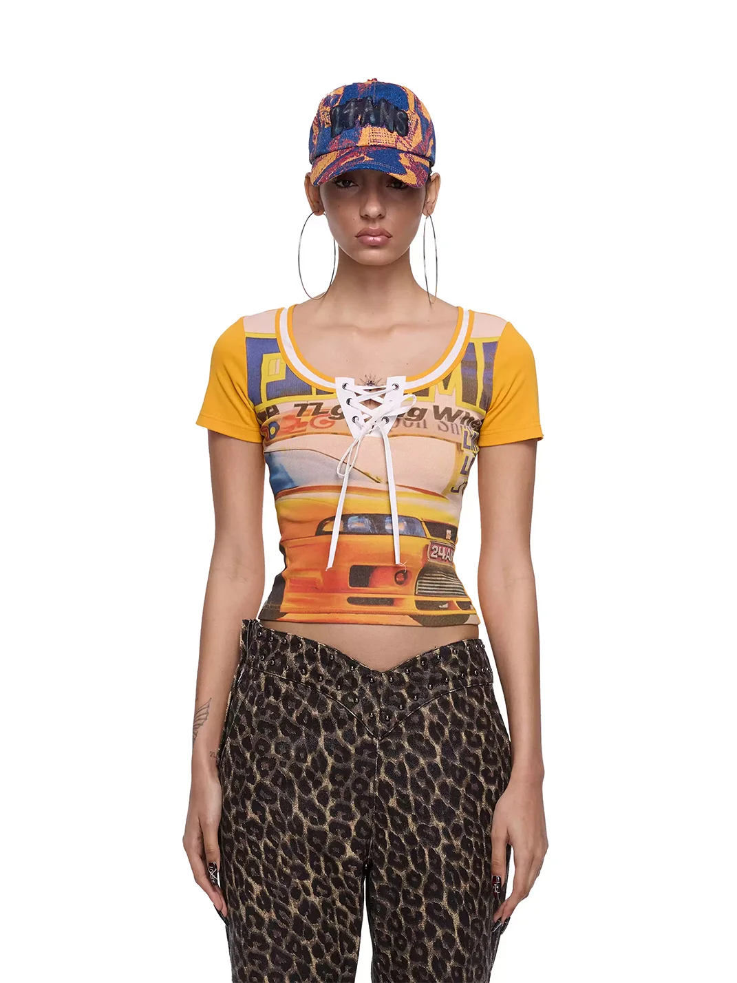 24ans online | Patchwork Faux-Layer Racing Print T-Shirt