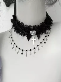 1GASTERINN | Black Lace Choker With Heart Rhinestone Pendant