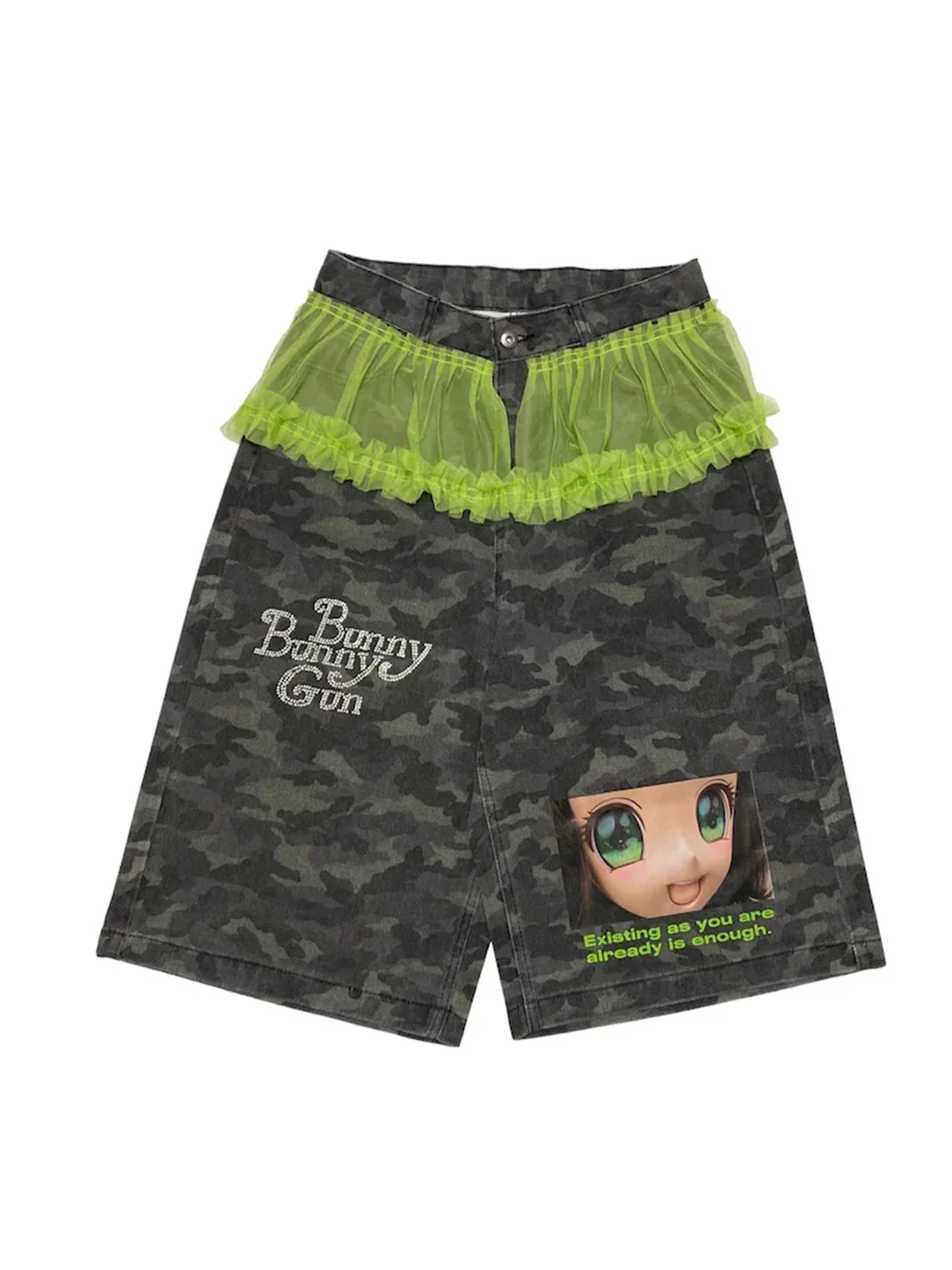 Bunnybunnygun | Y2K Camouflage Ruffle Wide-Leg Cropped Jeans