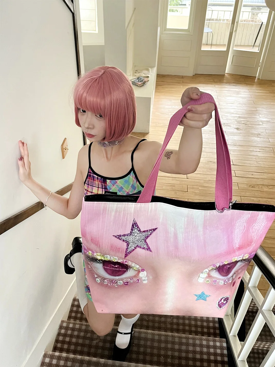 Oogreenapple | Pink Rhinestone Eye Tote Shoulder Bag