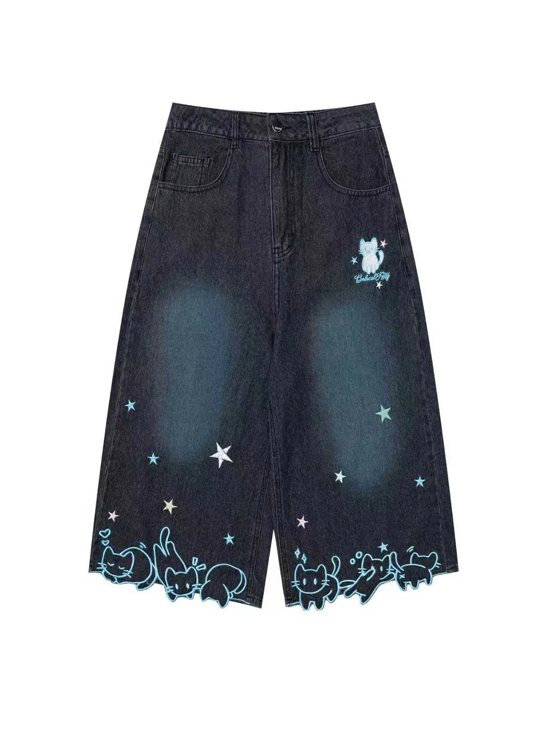 Languid Park | Women's Star Cat Embroidered Wide Leg Cropped Jeans