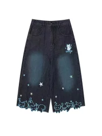 Languid Park | Women's Star Cat Embroidered Wide Leg Cropped Jeans