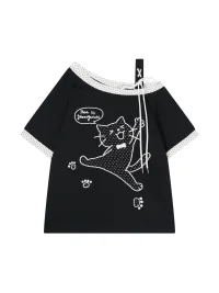 Languid Park | Y2K Cat Short Sleeve Off Shoulder Top