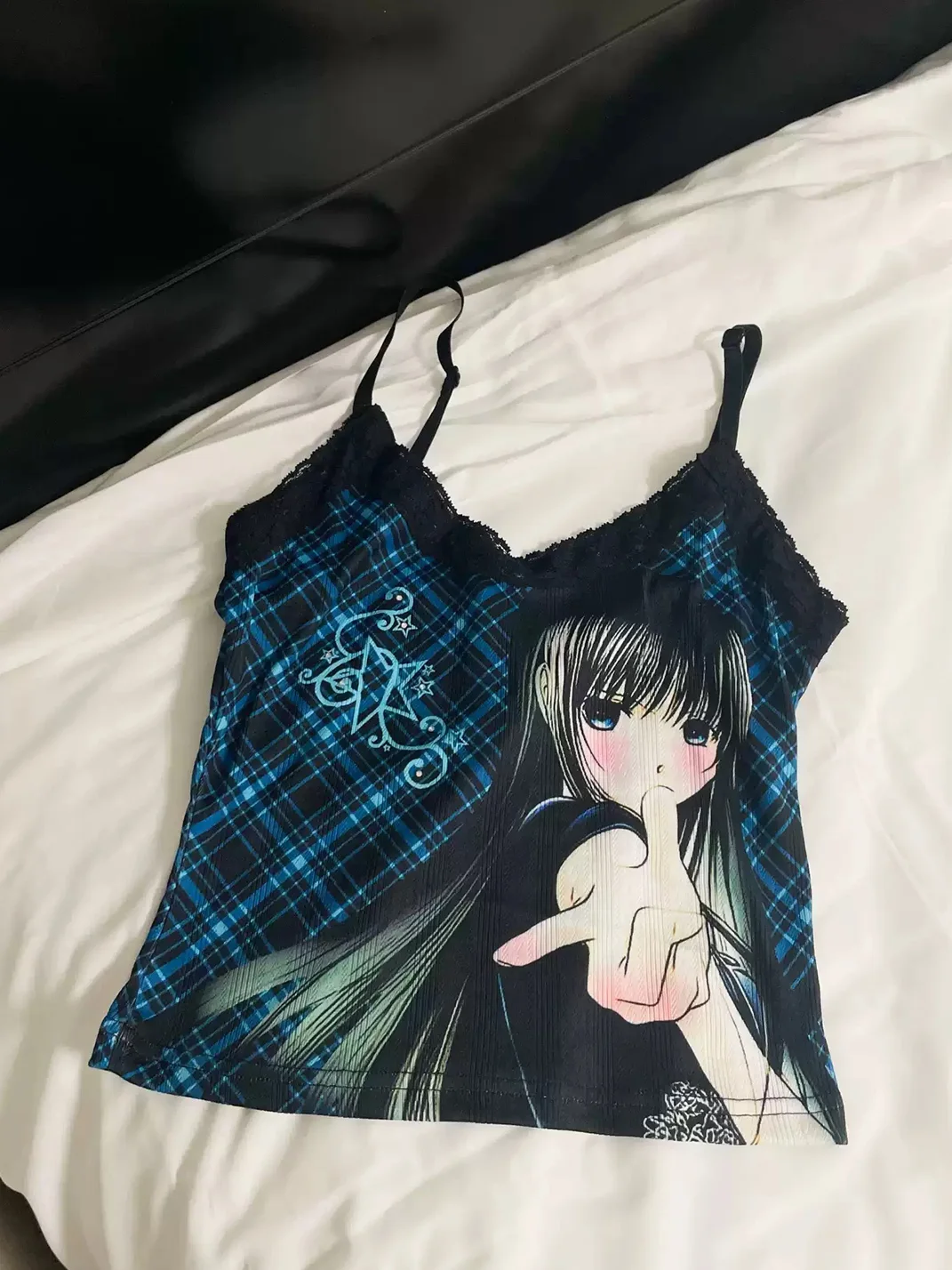 Oogreenapple | Blue Plaid Lace Adjustable Tank Top