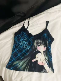 Oogreenapple | Blue Plaid Lace Adjustable Tank Top