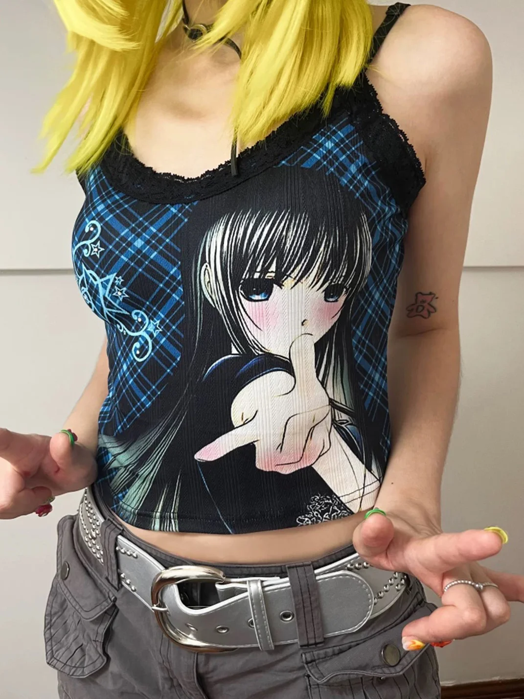 Oogreenapple | Blue Plaid Lace Adjustable Tank Top