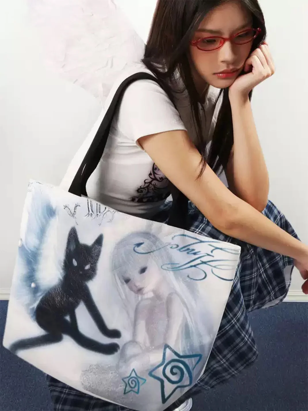 Oogreenapple | Y2K Angel Cat Tote Bag