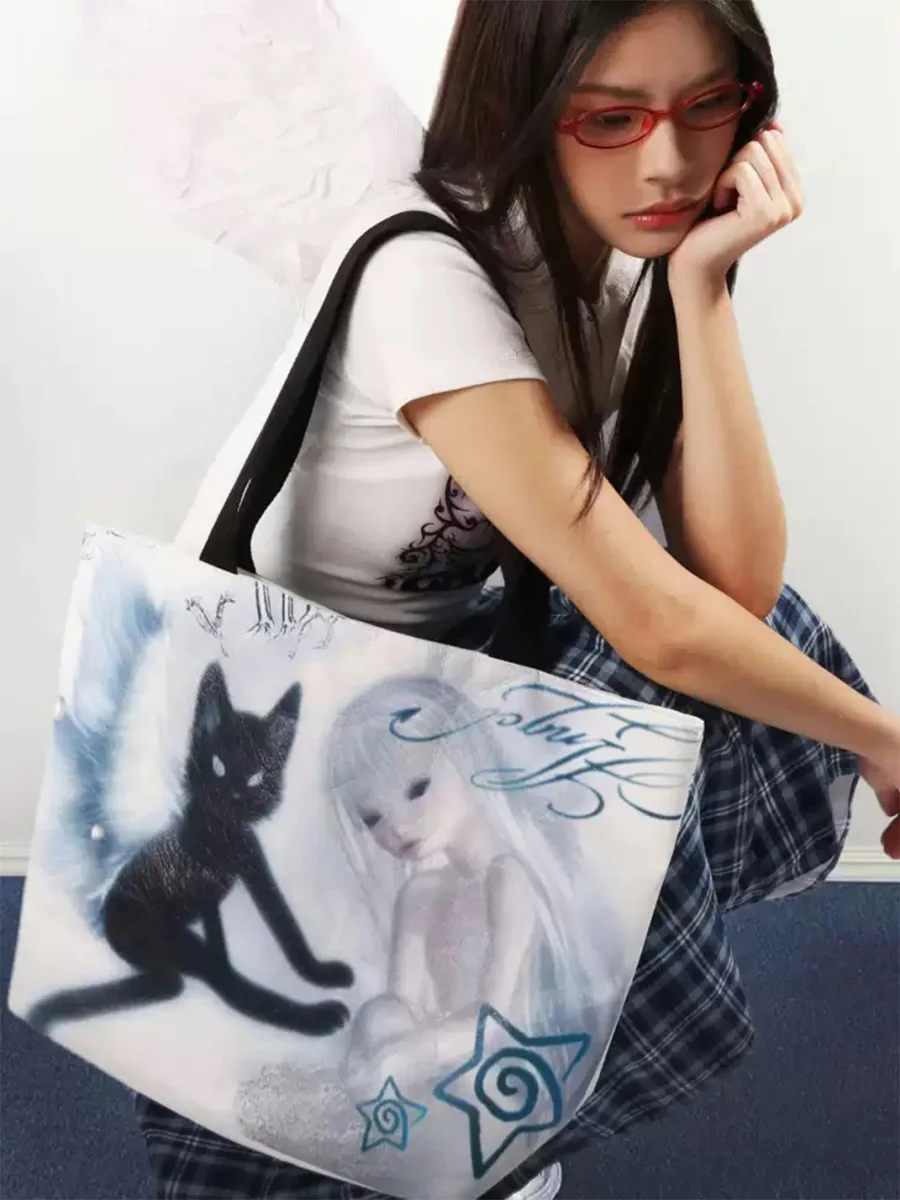 Oogreenapple | Y2K Angel Cat Tote Bag - 2