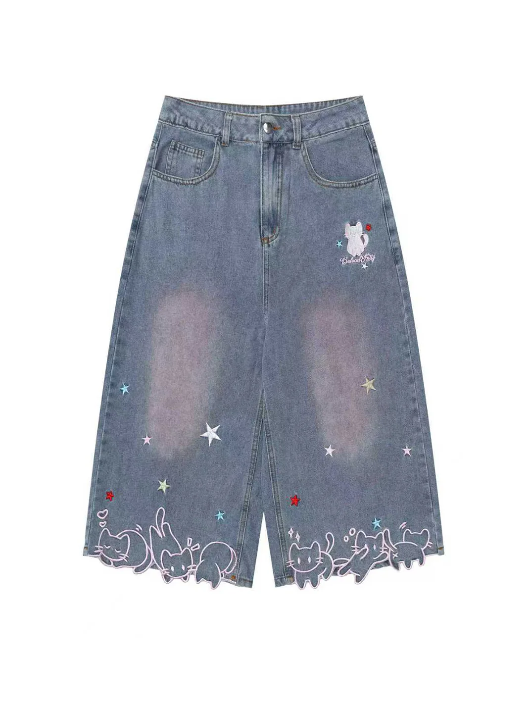 Languid Park | Women's Star Cat Embroidered Wide Leg Cropped Jeans