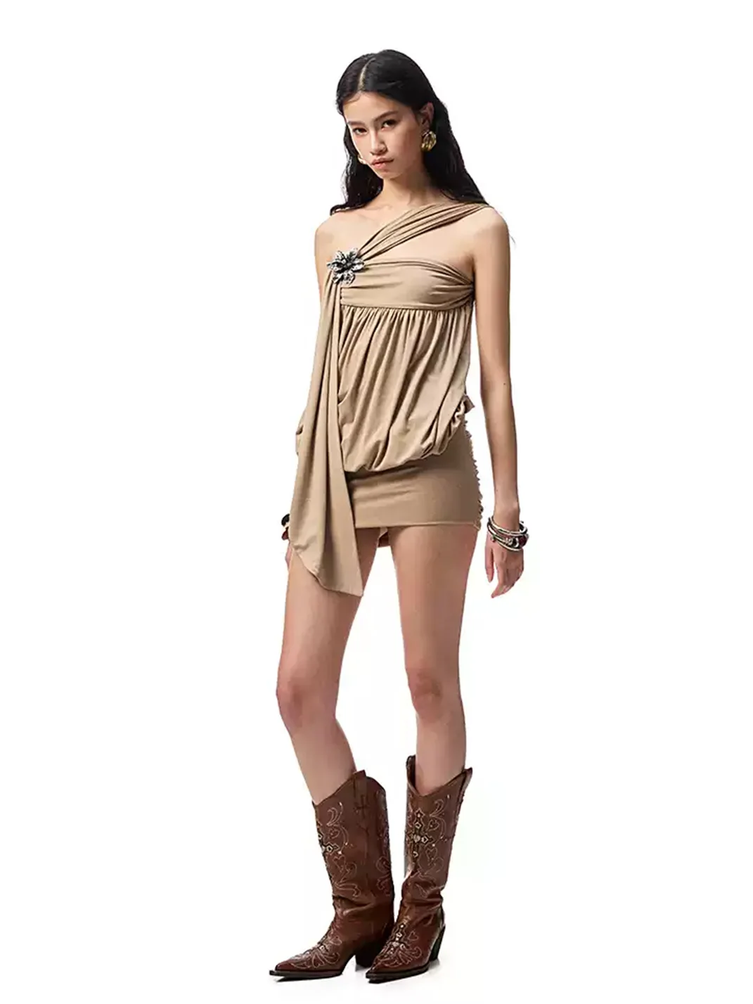 1JINN STUDIO | One-Shoulder Ruched Mini Dress