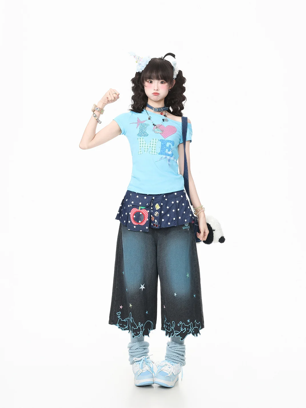 Languid Park | Women's Star Cat Embroidered Wide Leg Cropped Jeans