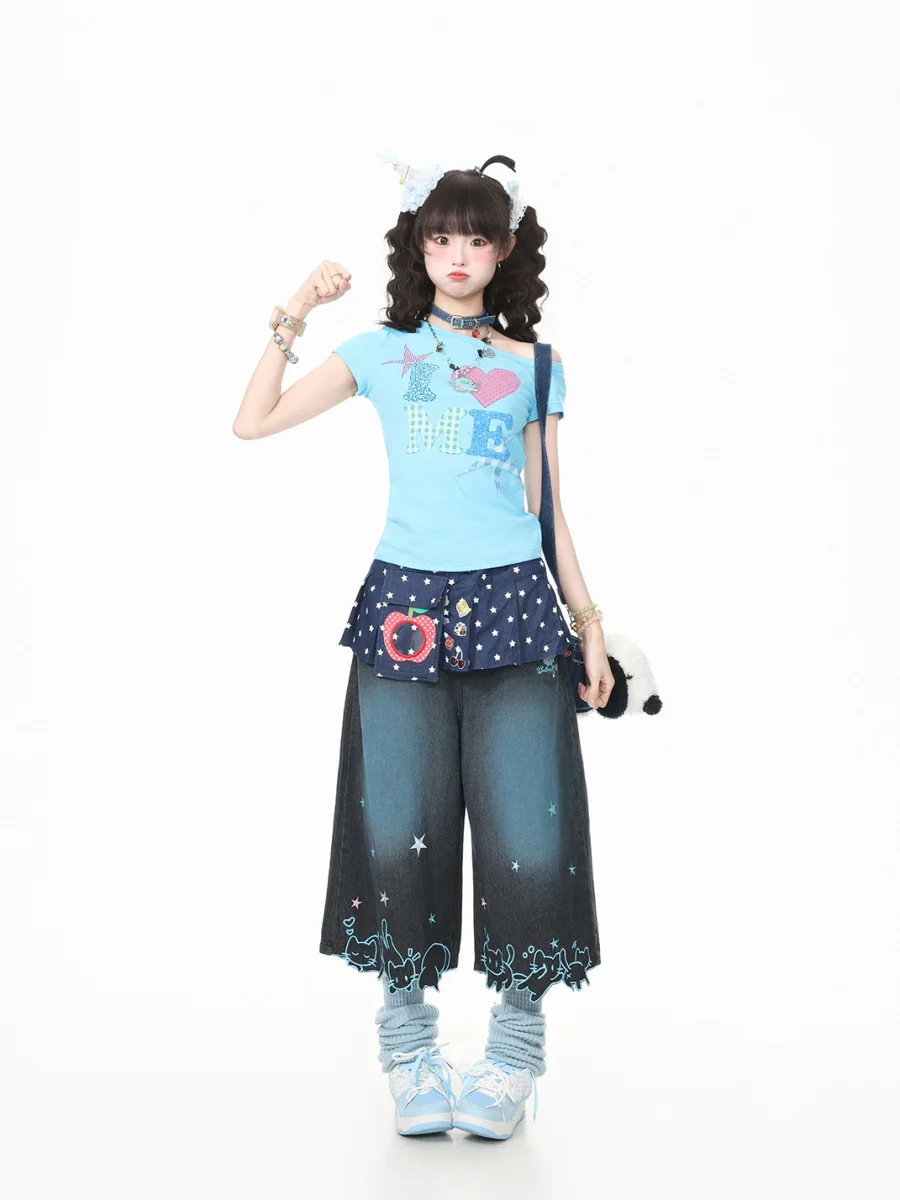 Languid Park | Women's Star Cat Embroidered Wide Leg Cropped Jeans - 4