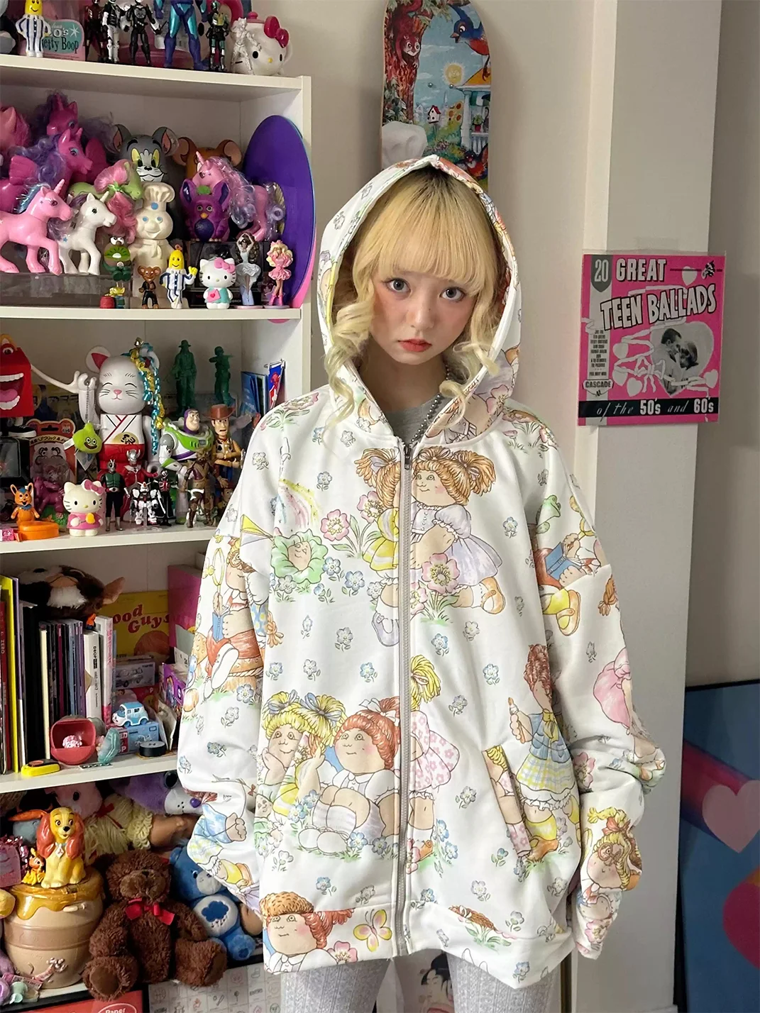 Bunnybunnygun | Oversized Cartoon Print Zip-Up Hoodie