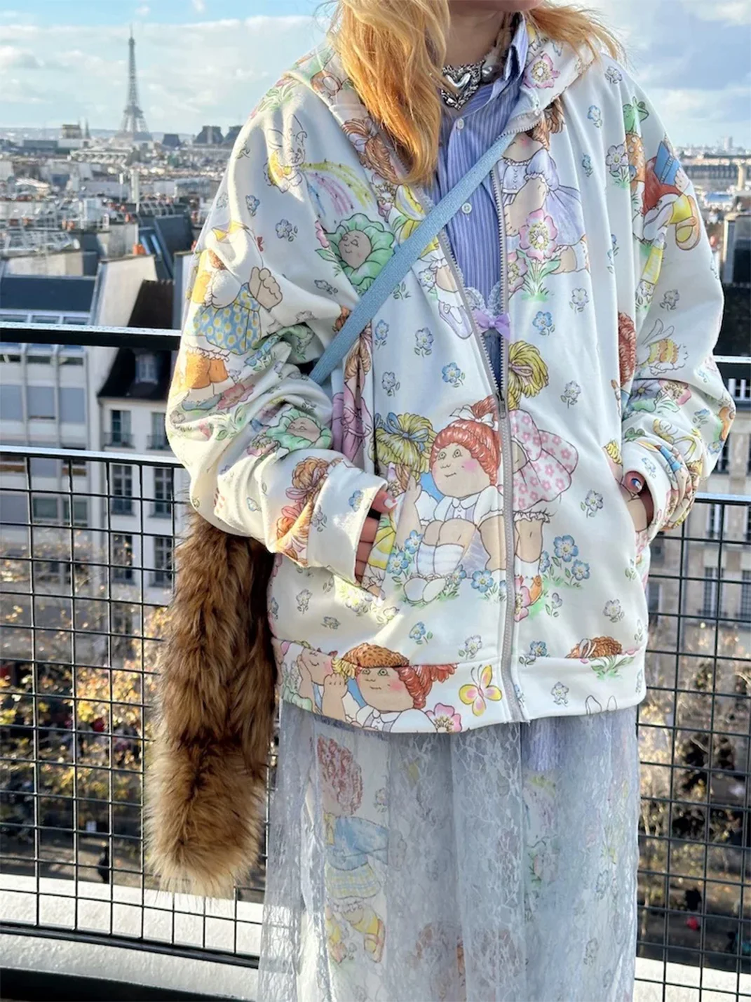 Bunnybunnygun | Oversized Cartoon Print Zip-Up Hoodie